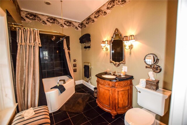 16093 Hwy W, Clarksville, MO 63336 - full bath featuring tile patterned flooring, shower / tub combo with curtain, toilet, vanity, and baseboards