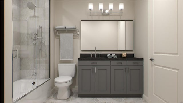 bathroom with toilet, shower / bath combination with glass door, vanity, and baseboards