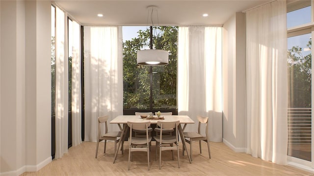 dining room featuring wood finished floors, baseboards, and recessed lighting