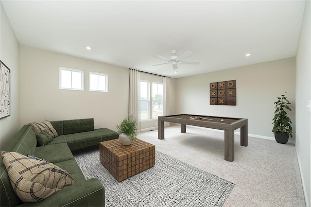 recreation room featuring pool table, a ceiling fan, carpet, baseboards, and recessed lighting