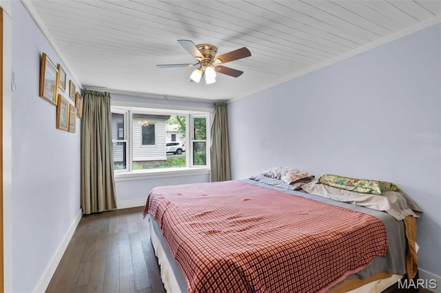 374 N Park Ave, Cape Girardeau, MO 63701 - bedroom with baseboards, wood-type flooring, crown molding, ceiling fan, and wooden ceiling