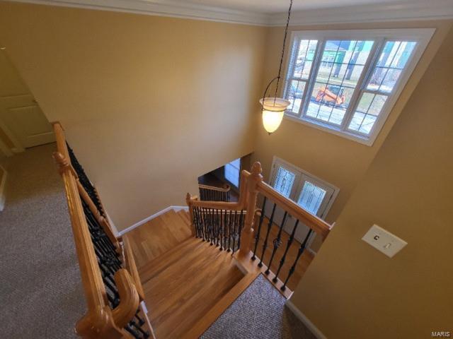 staircase with ornamental molding and baseboards