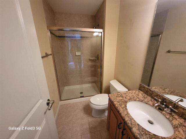 full bathroom featuring a shower stall, toilet, tile patterned flooring, and vanity