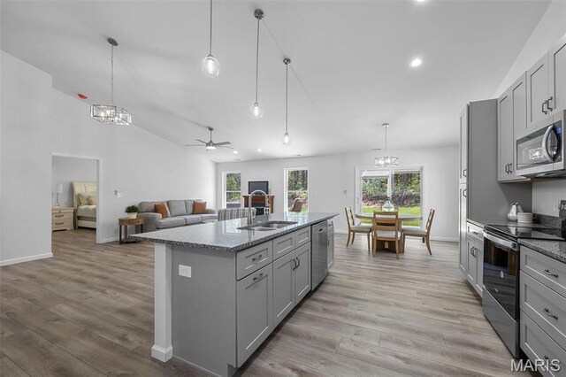 0 Hickory Lndg, De Soto, MO 63020 - kitchen featuring appliances with stainless steel finishes, gray cabinetry, a sink, light wood-type flooring, and vaulted ceiling