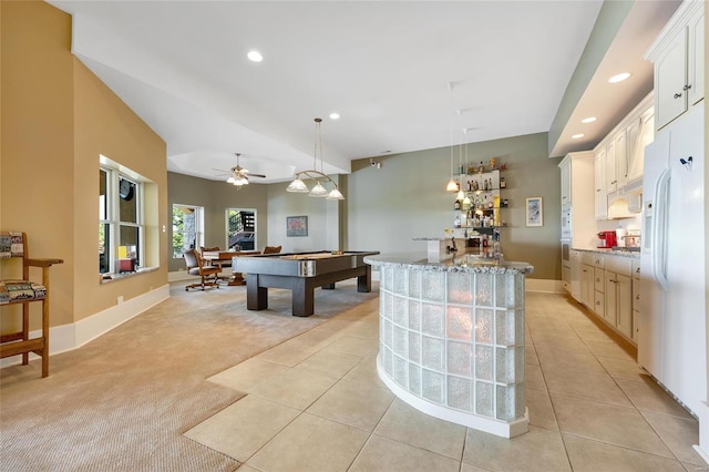 playroom with recessed lighting, light carpet, baseboards, ceiling fan, and light tile patterned flooring