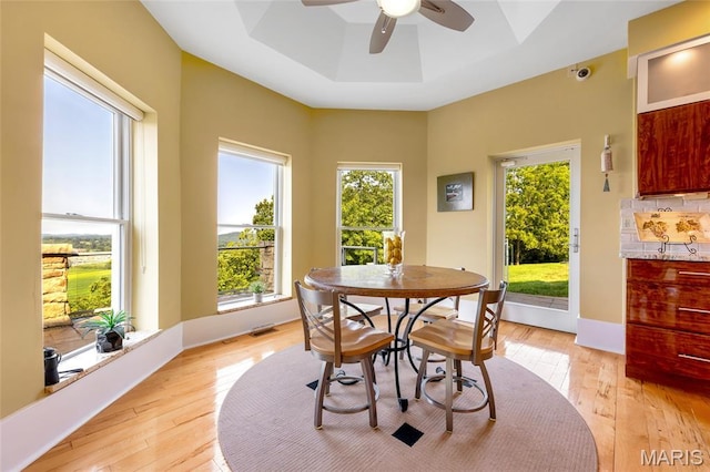 265 Deer Run Ln, Eureka, MO 63025 - dining space with a tray ceiling, light wood-style flooring, and healthy amount of natural light