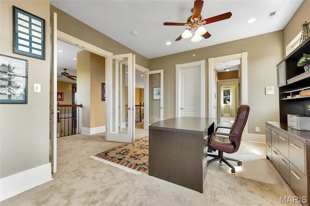 265 Deer Run Ln, Eureka, MO 63025 - office area with ceiling fan, light colored carpet, baseboards, and recessed lighting