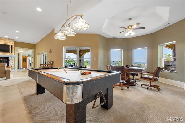 265 Deer Run Ln, Eureka, MO 63025 - playroom featuring light carpet, billiards, plenty of natural light, a ceiling fan, and recessed lighting
