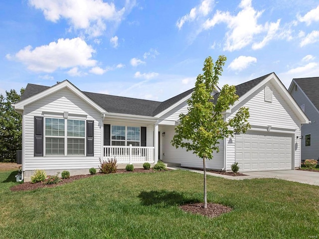 ranch-style home featuring a porch, an attached garage, concrete driveway, a front lawn, and a shingled roof