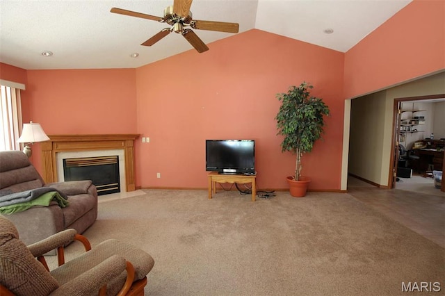 1710 Doe Run Dr, Vandalia, IL 62471 - carpeted living room featuring a ceiling fan, a fireplace with flush hearth, lofted ceiling, and recessed lighting