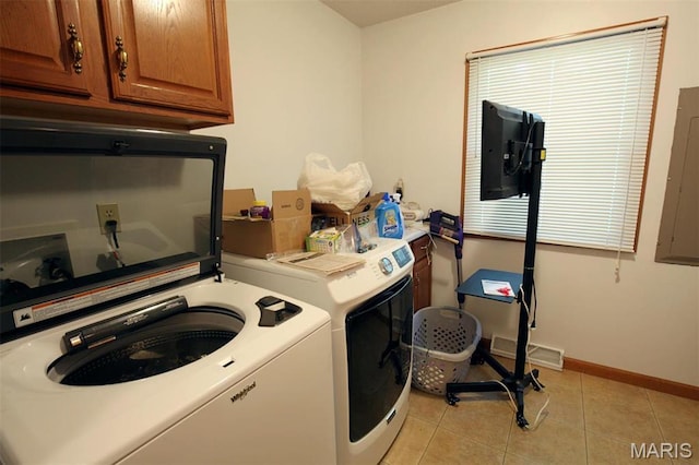 1710 Doe Run Dr, Vandalia, IL 62471 - laundry area with cabinet space, independent washer and dryer, light tile patterned floors, and electric panel