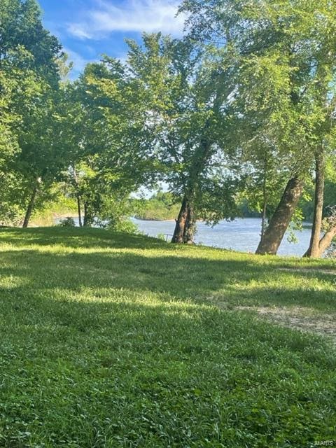 view of green lawn with a water view