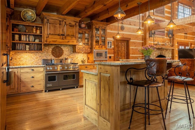 5140 Saint Anns Rd, Washington, MO 63090 - kitchen with appliances with stainless steel finishes, wooden ceiling with exposed beams, light wood-type flooring, decorative backsplash, and light stone countertops