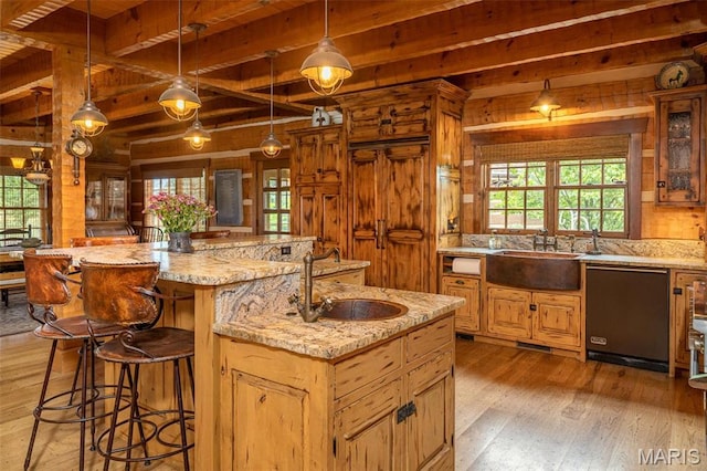 5140 Saint Anns Rd, Washington, MO 63090 - kitchen featuring a sink, dishwashing machine, wooden walls, light wood-style floors, and plenty of natural light