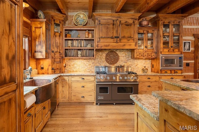 5140 Saint Anns Rd, Washington, MO 63090 - kitchen with appliances with stainless steel finishes, wood ceiling with exposed beams, decorative backsplash, light wood-style flooring, and a sink