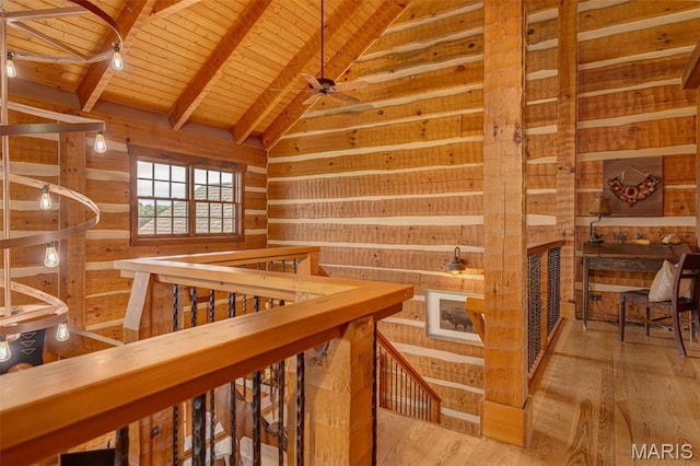 5140 Saint Anns Rd, Washington, MO 63090 - hall with wood ceiling, wood walls, wood finished floors, and an upstairs landing