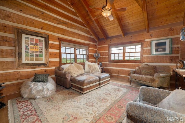 5140 Saint Anns Rd, Washington, MO 63090 - living room featuring wooden ceiling, a ceiling fan, wood finished floors, and wood walls