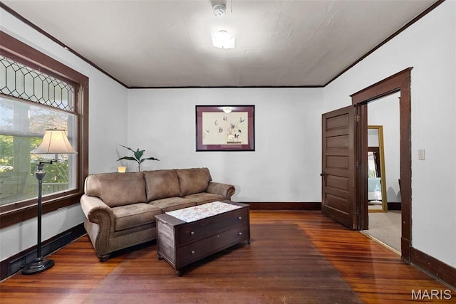 302 E Walsh St, Montgomery City, MO 63361 - living room with baseboards, wood finished floors, and ornamental molding