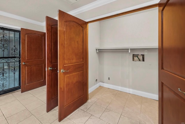 547 County Road 448, Poplar Bluff, MO 63901 - washroom featuring washer hookup, crown molding, baseboards, light tile patterned flooring, and hookup for an electric dryer