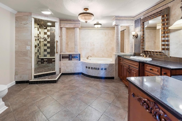 547 County Road 448, Poplar Bluff, MO 63901 - full bathroom featuring ornamental molding, a bath, a stall shower, vanity, and toilet