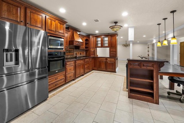 547 County Road 448, Poplar Bluff, MO 63901 - kitchen with appliances with stainless steel finishes, open shelves, custom range hood, recessed lighting, and light tile patterned floors