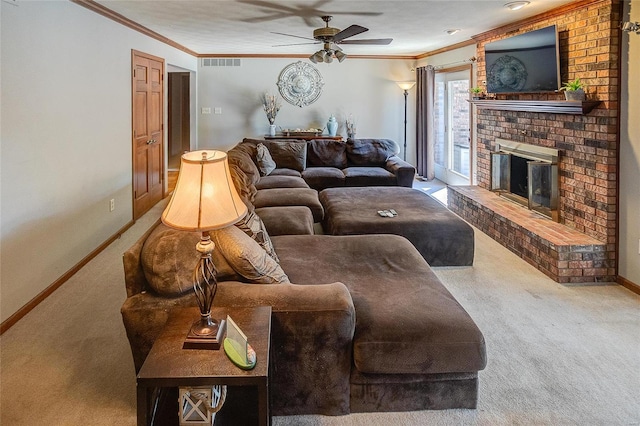 carpeted living area featuring ceiling fan, ornamental molding, a brick fireplace, and baseboards