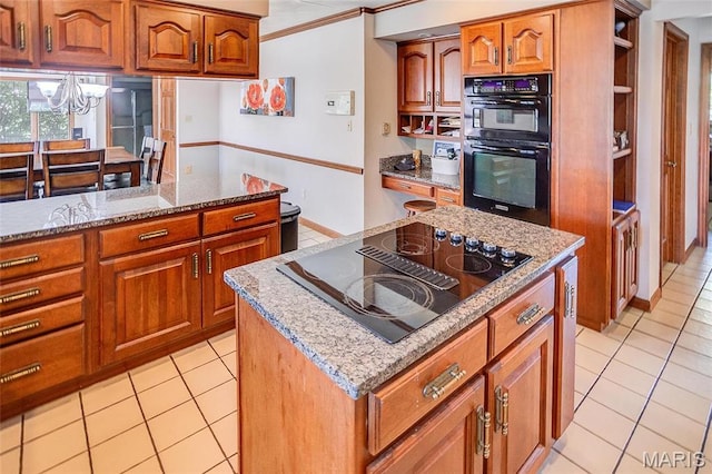 6 Red Fox Rd, Belleville, IL 62223 - kitchen featuring open shelves, black appliances, light stone countertops, brown cabinets, and ornamental molding