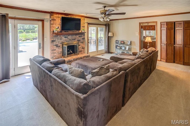 6 Red Fox Rd, Belleville, IL 62223 - living area featuring light carpet, healthy amount of natural light, crown molding, a ceiling fan, and a fireplace