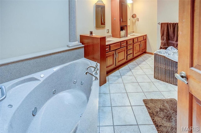 6 Red Fox Rd, Belleville, IL 62223 - bathroom with a jetted tub, double vanity, and tile patterned floors