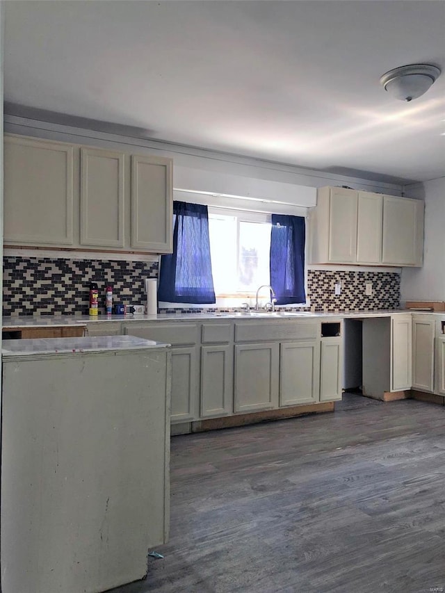 kitchen featuring a sink, tasteful backsplash, wood finished floors, and light countertops