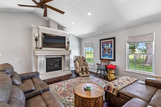351 Cherry Creek Ln, Farmington, MO 63640 - living room with vaulted ceiling, ceiling fan, healthy amount of natural light, wood finished floors, and a glass covered fireplace