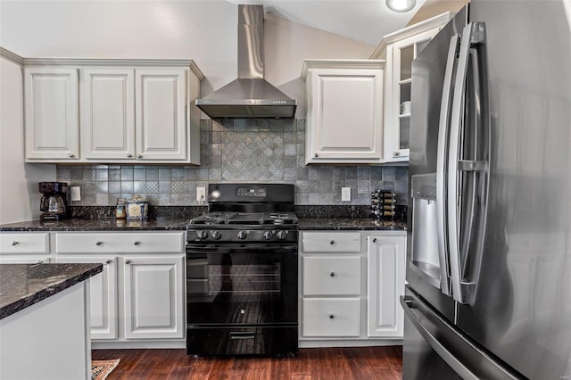 351 Cherry Creek Ln, Farmington, MO 63640 - kitchen with stainless steel fridge with ice dispenser, black gas range, wall chimney exhaust hood, tasteful backsplash, and vaulted ceiling