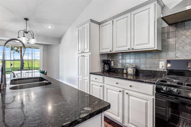 351 Cherry Creek Ln, Farmington, MO 63640 - kitchen with black gas range, wall chimney range hood, a sink, a chandelier, and decorative backsplash