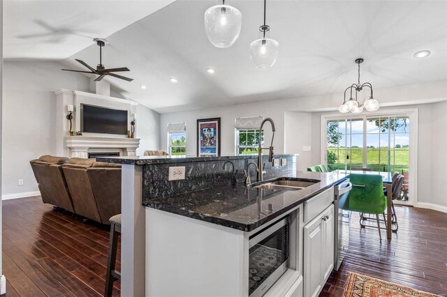 351 Cherry Creek Ln, Farmington, MO 63640 - kitchen with appliances with stainless steel finishes, a sink, a center island with sink, dark wood-type flooring, and a fireplace