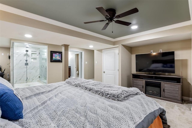 351 Cherry Creek Ln, Farmington, MO 63640 - bedroom with ornamental molding, carpet flooring, recessed lighting, ensuite bath, and a glass covered fireplace