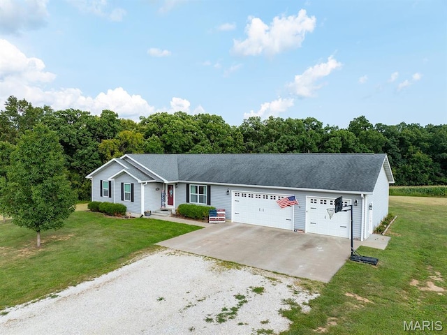 ranch-style house featuring gravel driveway, an attached garage, a front yard, and roof with shingles
