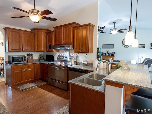 kitchen with appliances with stainless steel finishes, under cabinet range hood, a ceiling fan, vaulted ceiling, and a peninsula