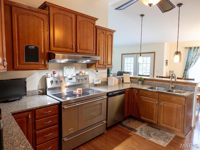 kitchen featuring appliances with stainless steel finishes, under cabinet range hood, a sink, a peninsula, and healthy amount of natural light