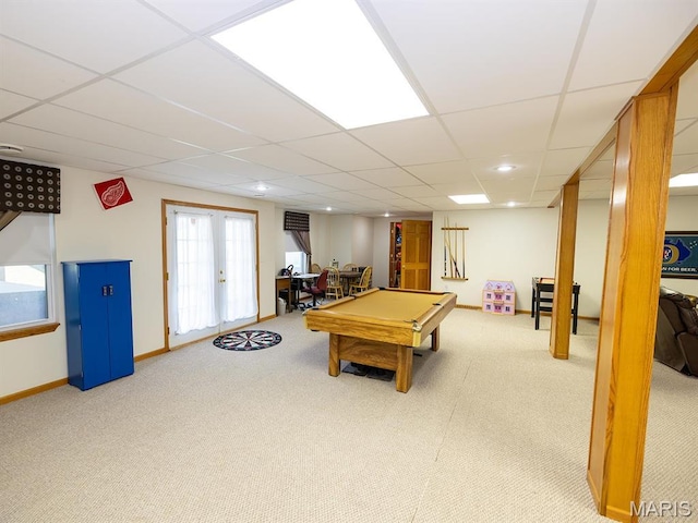 game room featuring carpet flooring, billiards, a drop ceiling, french doors, and baseboards
