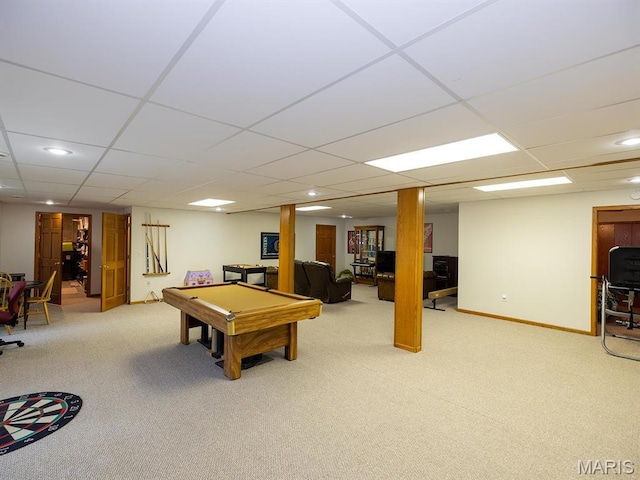 recreation room featuring pool table, carpet, baseboards, a drop ceiling, and recessed lighting