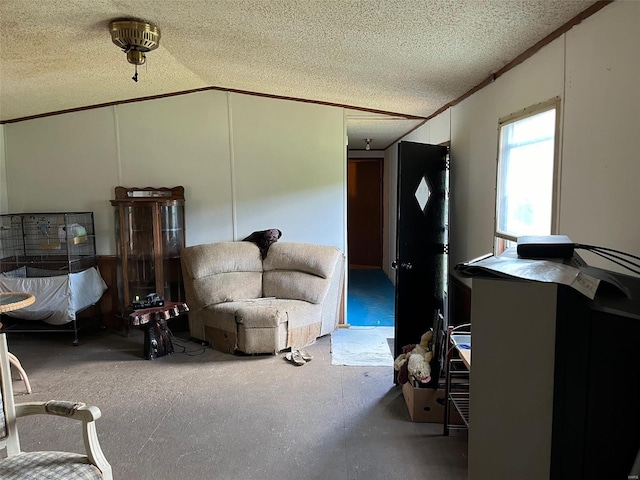 1334 Beverly Blvd, Park Hills, MO 63601 - living area featuring a textured ceiling, crown molding, and vaulted ceiling