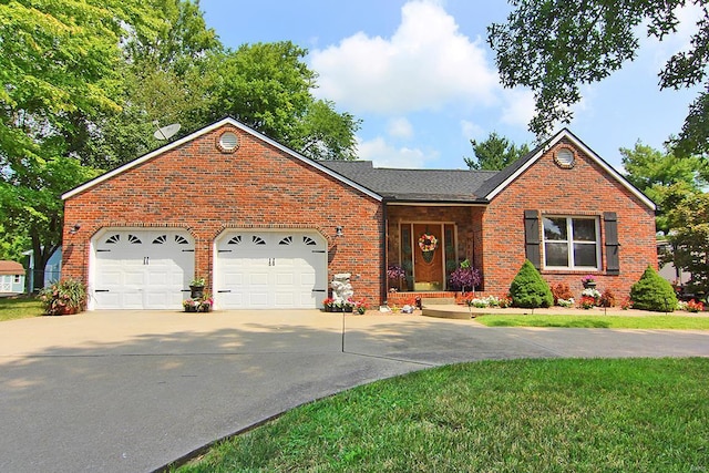 view of front facade with concrete driveway, a garage, brick siding, and a front lawn