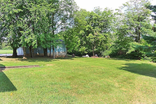 view of green lawn featuring an outdoor structure