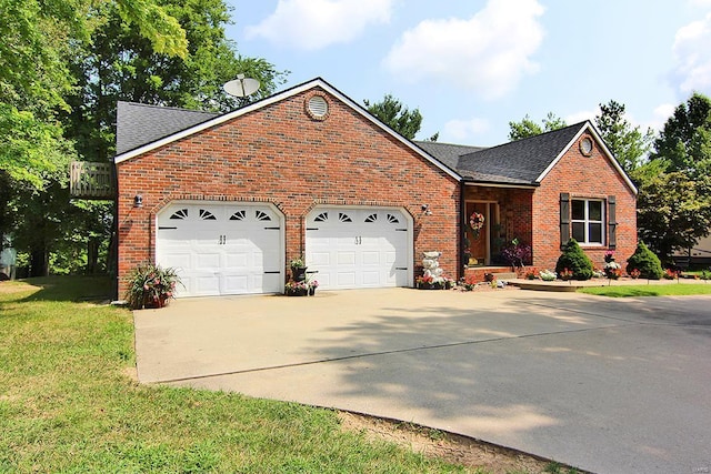 view of front facade featuring driveway, an attached garage, brick siding, roof with shingles, and a front yard