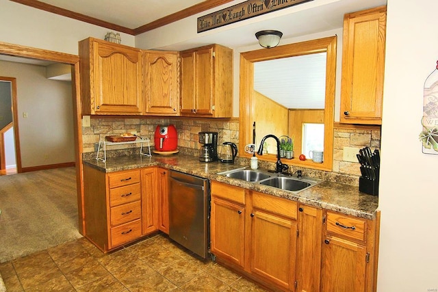 kitchen with stainless steel dishwasher, a sink, backsplash, ornamental molding, and dark colored carpet