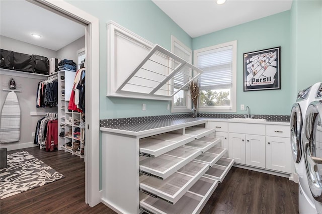 128 Jared St, Waynesville, MO 65583 - laundry room with washer and clothes dryer, cabinet space, dark wood-style floors, and recessed lighting