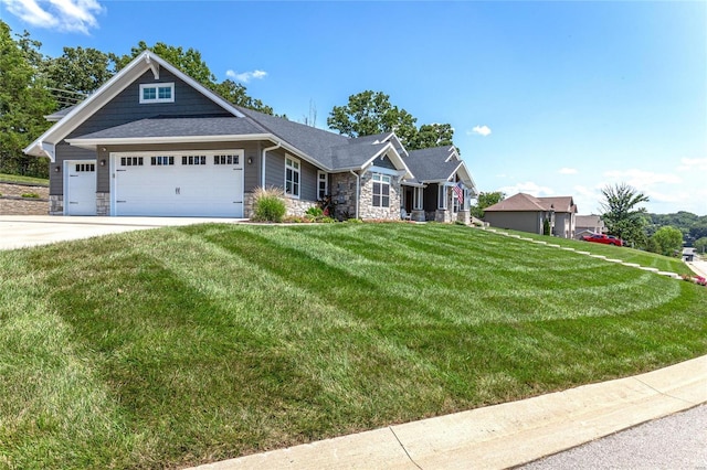 128 Jared St, Waynesville, MO 65583 - craftsman-style house with stone siding, an attached garage, a front lawn, and driveway