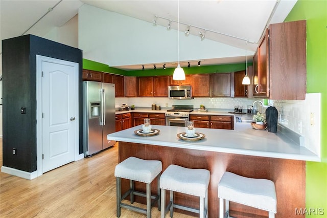 1010 Winter Lake Dr, Fenton, MO 63026 - kitchen featuring stainless steel appliances, rail lighting, a sink, lofted ceiling, and light countertops