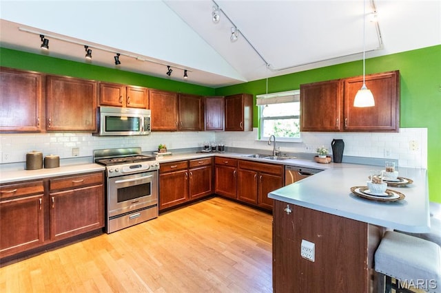 1010 Winter Lake Dr, Fenton, MO 63026 - kitchen featuring appliances with stainless steel finishes, a sink, track lighting, lofted ceiling, and a peninsula