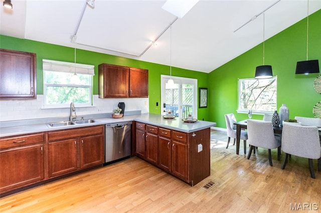 1010 Winter Lake Dr, Fenton, MO 63026 - kitchen with rail lighting, a sink, dishwasher, light wood-type flooring, and lofted ceiling